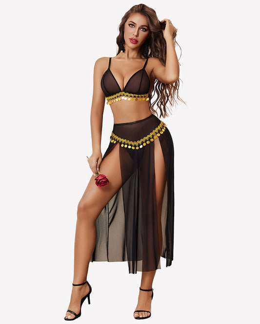 Mesh Sheer Bra Top Split Maxi Skirt Set