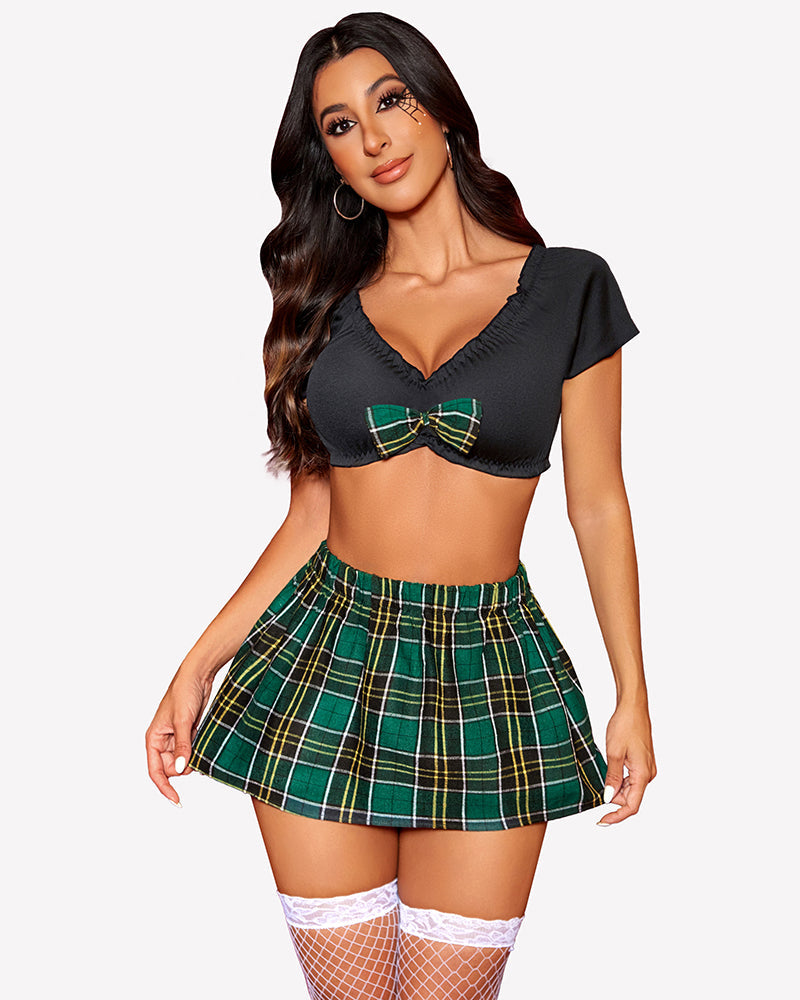 Ruffle Edge Sleeve Plaid Skirt Set