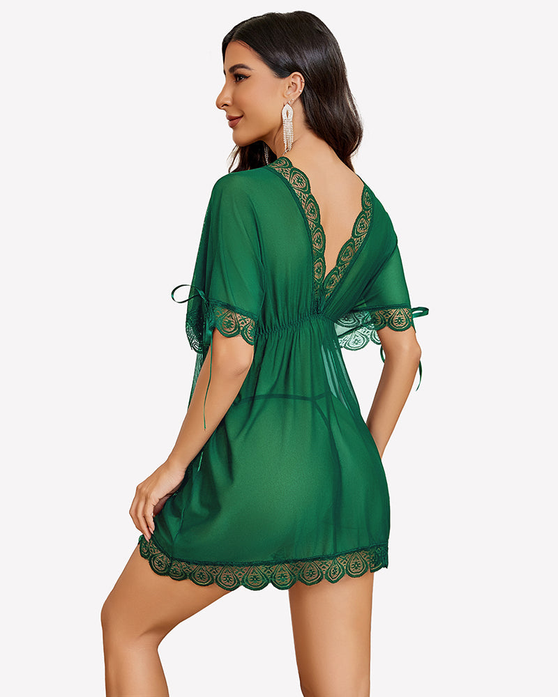 Short Sleeve Ruffle Mesh Dress with Thongs