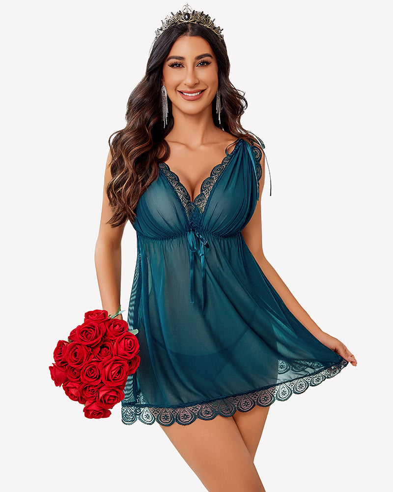 Short Sleeve Ruffle Mesh Dress with Thongs