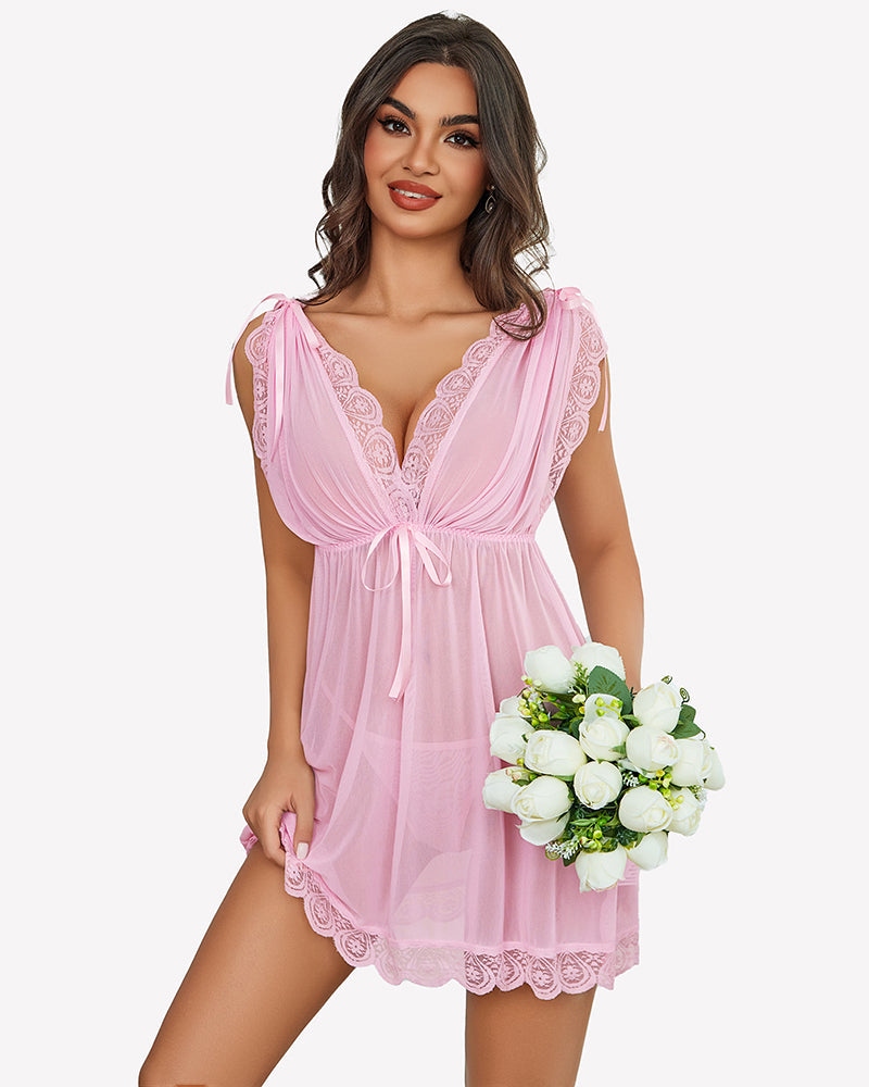 Short Sleeve Ruffle Mesh Dress with Thongs