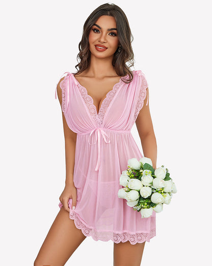Short Sleeve Ruffle Mesh Dress with Thongs