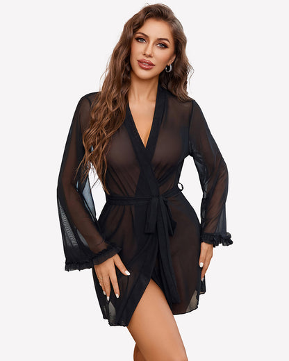 2 Pieces Crotchless Bodysuit with Sheer Kimono Robe