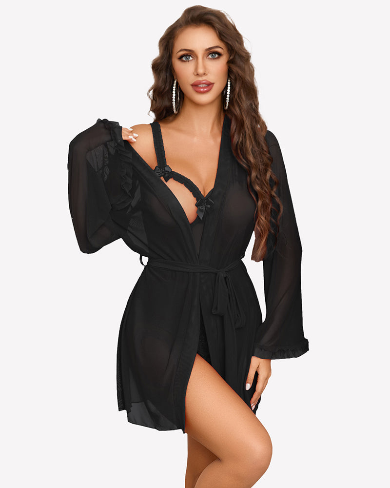 2 Pieces Crotchless Bodysuit with Sheer Kimono Robe