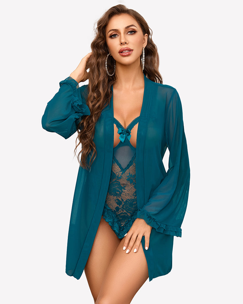 2 Pieces Crotchless Bodysuit with Sheer Kimono Robe