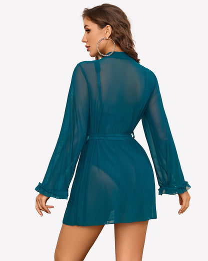 2 Pieces Crotchless Bodysuit with Sheer Kimono Robe