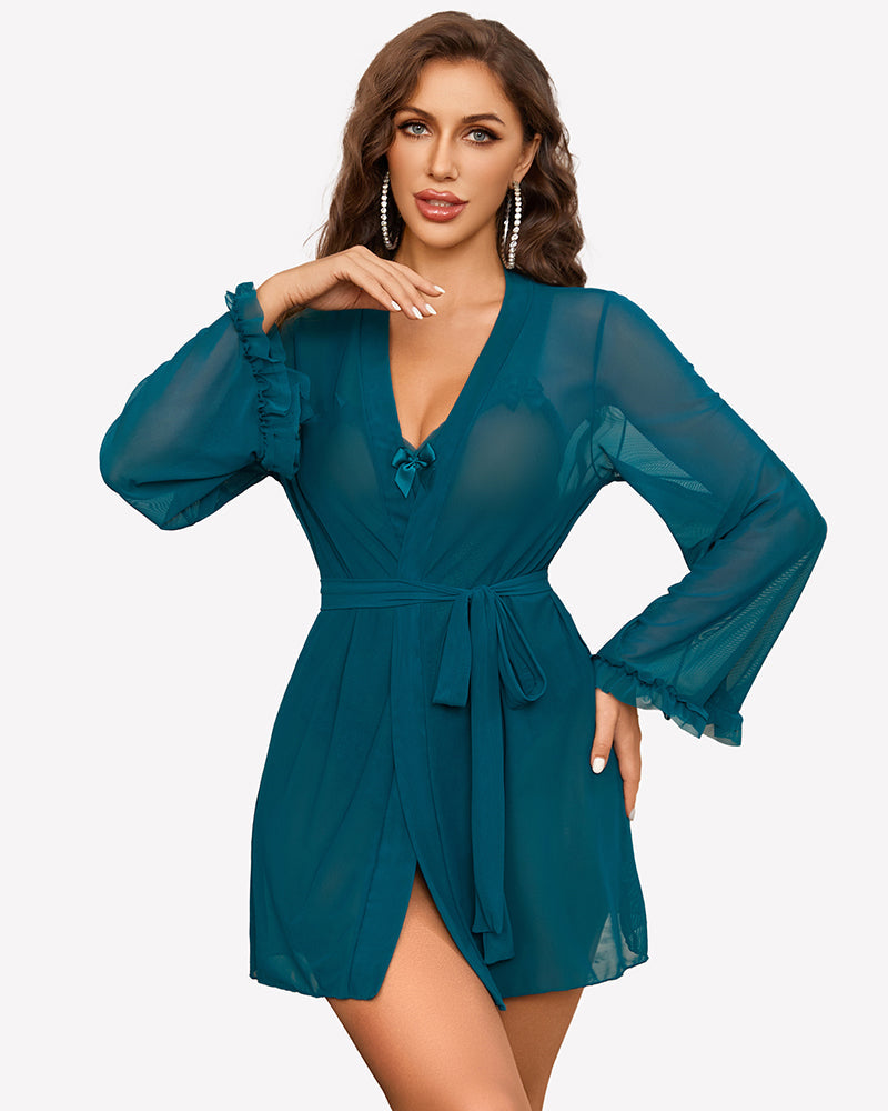 2 Pieces Crotchless Bodysuit with Sheer Kimono Robe