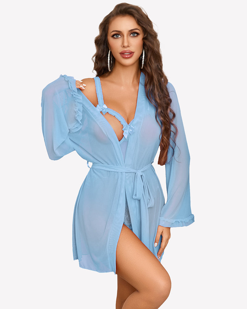2 Pieces Crotchless Bodysuit with Sheer Kimono Robe
