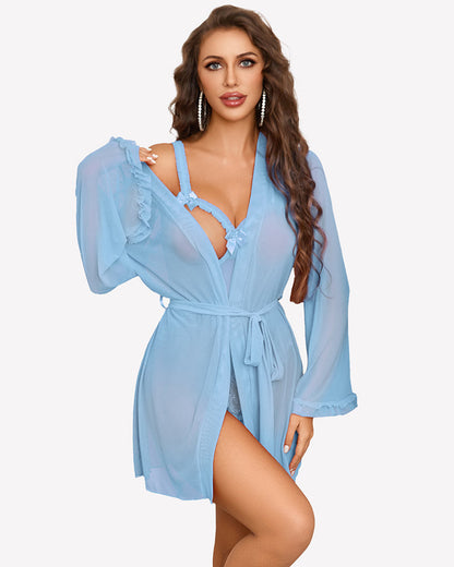 2 Pieces Crotchless Bodysuit with Sheer Kimono Robe