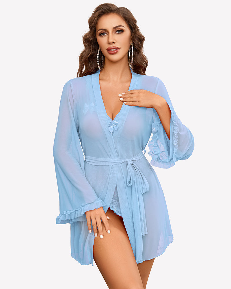 2 Pieces Crotchless Bodysuit with Sheer Kimono Robe