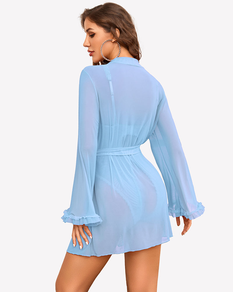 2 Pieces Crotchless Bodysuit with Sheer Kimono Robe