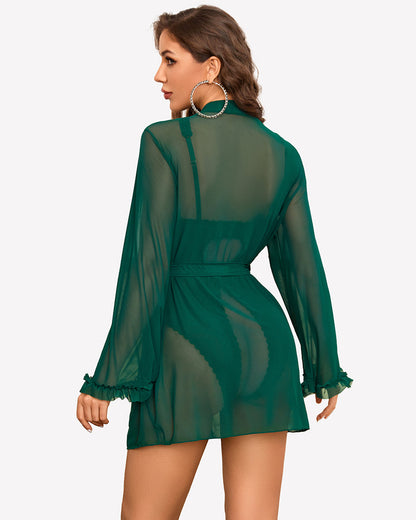 2 Pieces Crotchless Bodysuit with Sheer Kimono Robe