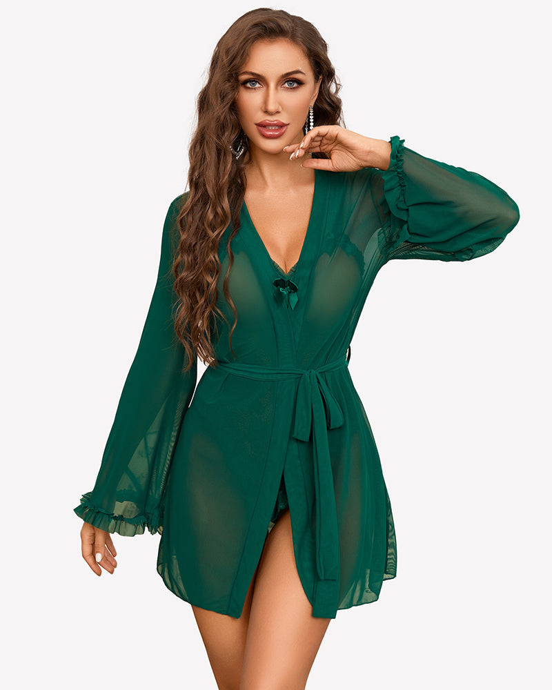 2 Pieces Crotchless Bodysuit with Sheer Kimono Robe
