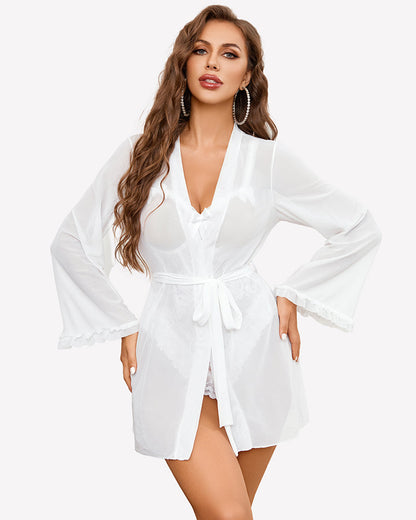 2 Pieces Crotchless Bodysuit with Sheer Kimono Robe
