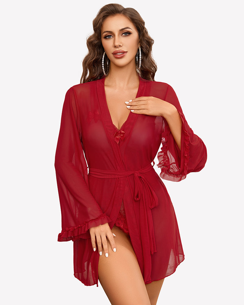 2 Pieces Crotchless Bodysuit with Sheer Kimono Robe