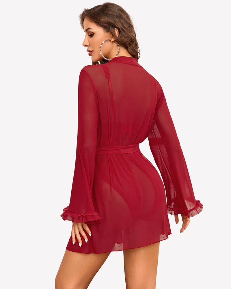 2 Pieces Crotchless Bodysuit with Sheer Kimono Robe