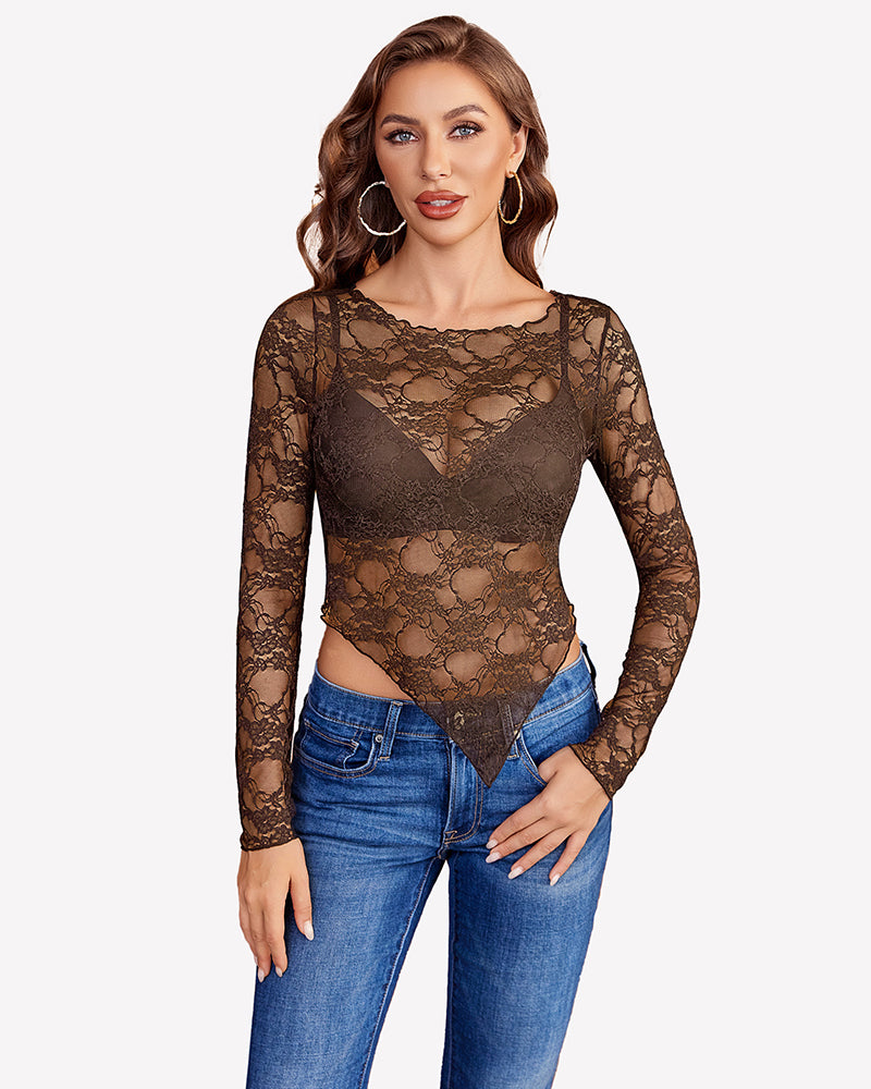 Mesh Tops Lace Long Sleeve Shirts