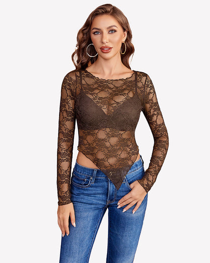 Mesh Tops Lace Long Sleeve Shirts