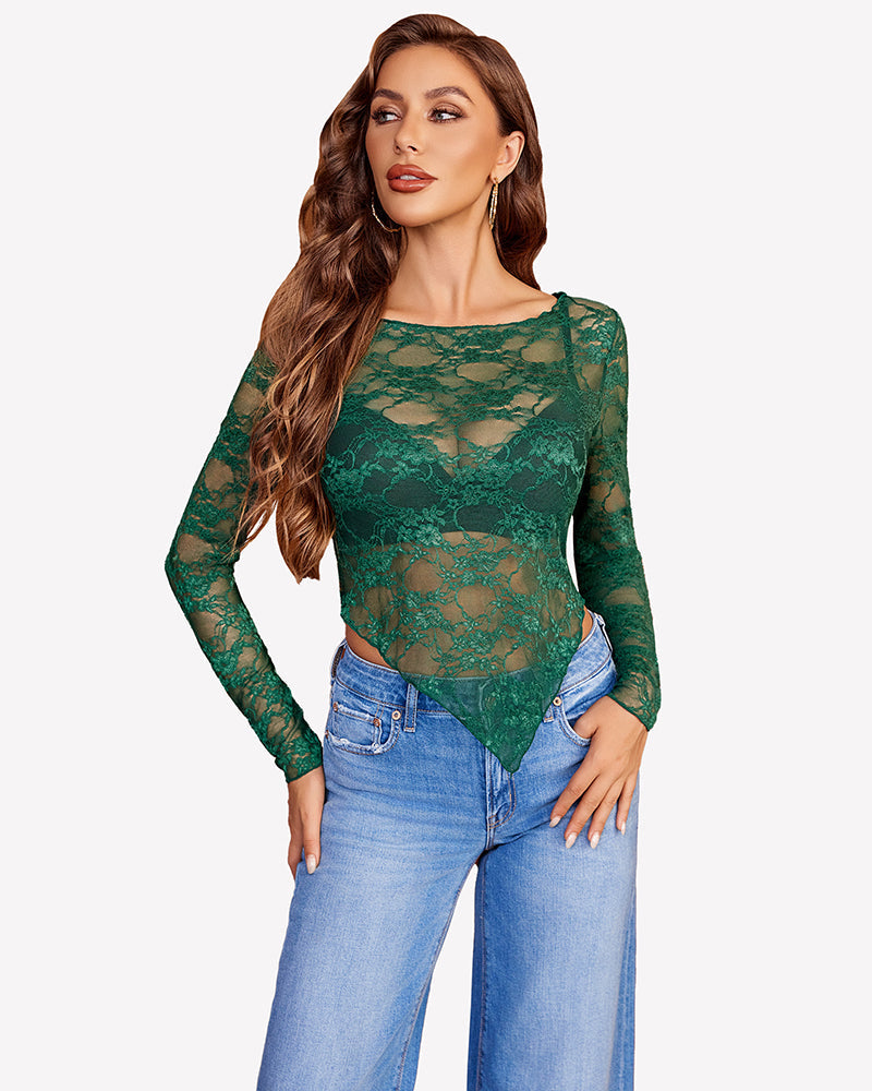 Mesh Tops Lace Long Sleeve Shirts