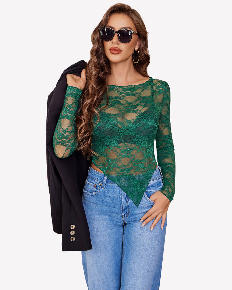 Mesh Tops Lace Long Sleeve Shirts