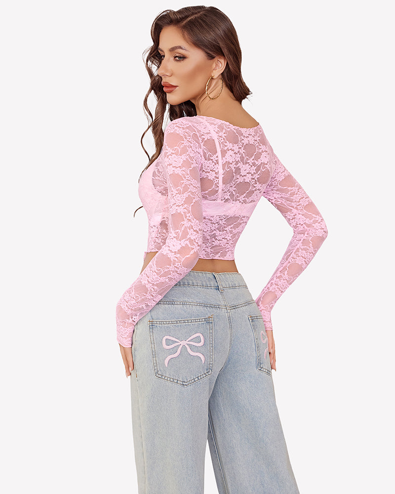 Mesh Tops Lace Long Sleeve Shirts