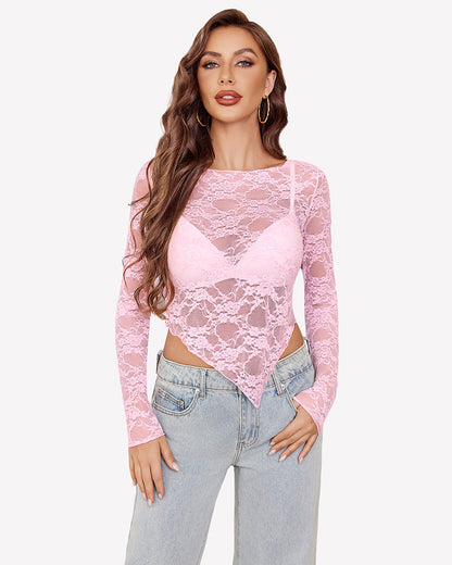 Mesh Tops Lace Long Sleeve Shirts
