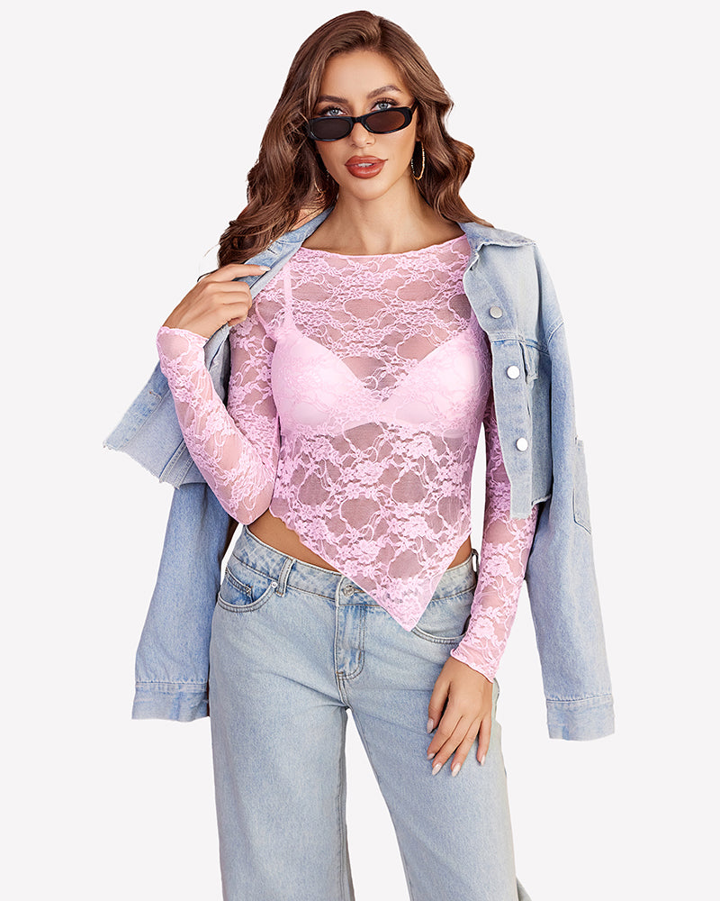 Mesh Tops Lace Long Sleeve Shirts