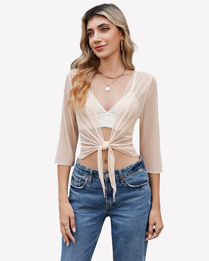 Tie Front Sheer Mesh Bolero Cardigan