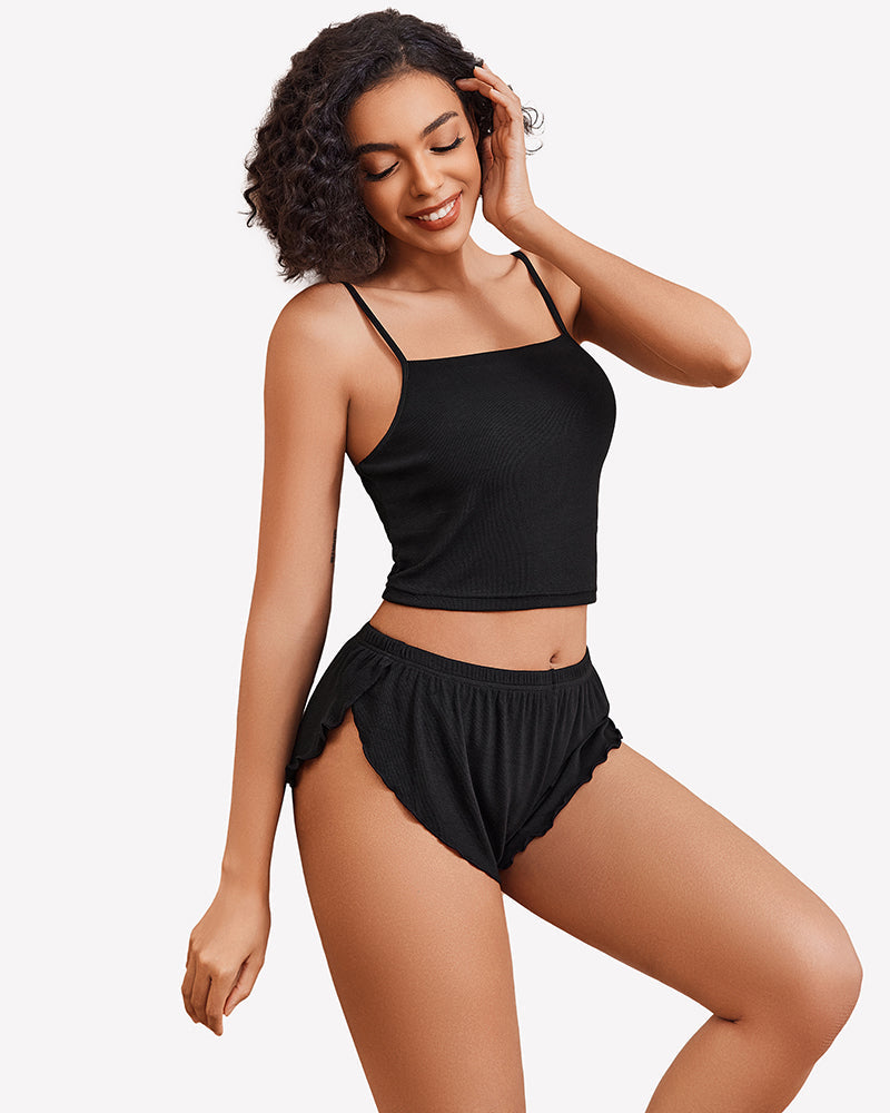 Ribbed Pajama Set Side Slit 2 Piece PJ Set