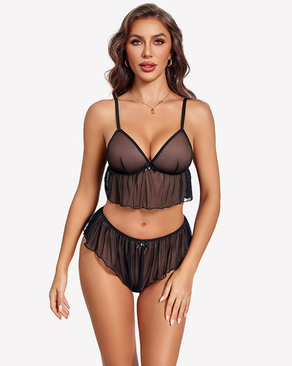Sheer Lingerie Set 2 Piece Mesh Cami Shorts