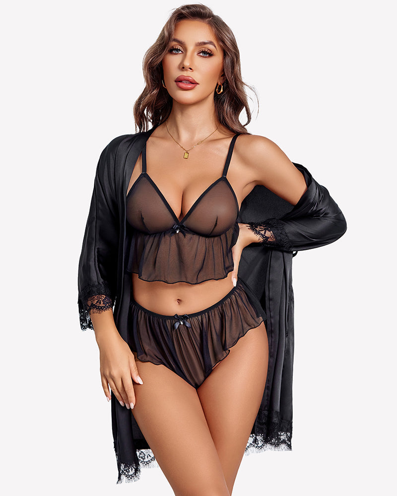 Sheer Lingerie Set 2 Piece Mesh Cami Shorts