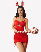 Sheer Mesh Chain Halter Ruched Dress with Thong