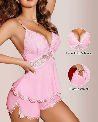 Curvvvy® BlossomLace – Lace-Trim Cami & Shorts Pajama Set curvvvy