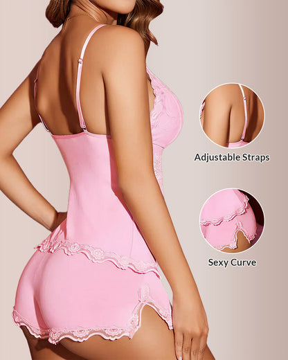 Curvvvy® BlossomLace – Lace-Trim Cami & Shorts Pajama Set curvvvy