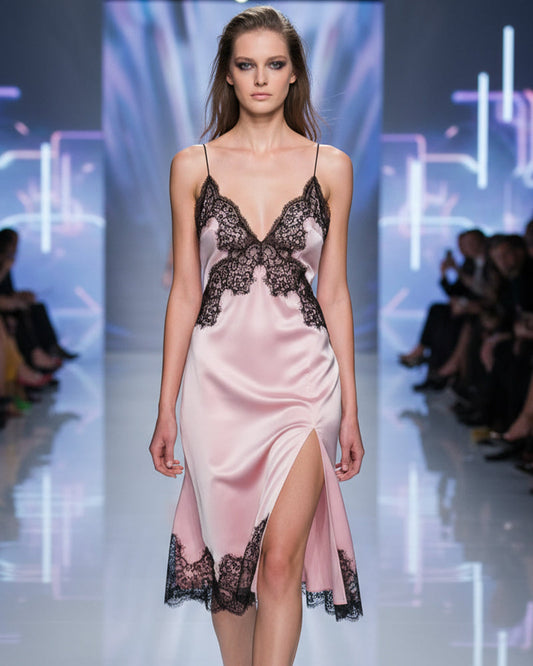 100% Mulberry Silk Luxury Pink Long Dress