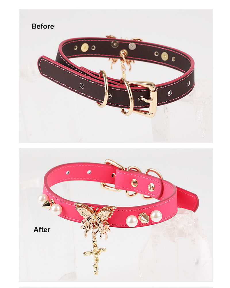 Temperature-Sensitive Color-Changing Butterfly Spiked Leather Collars