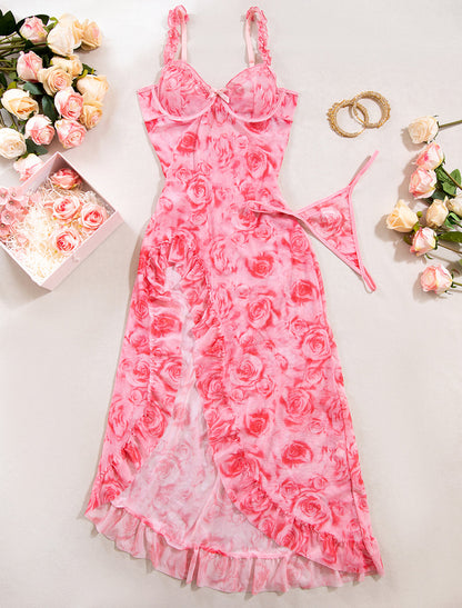 Pink Rose Flower High Slit Dress Set