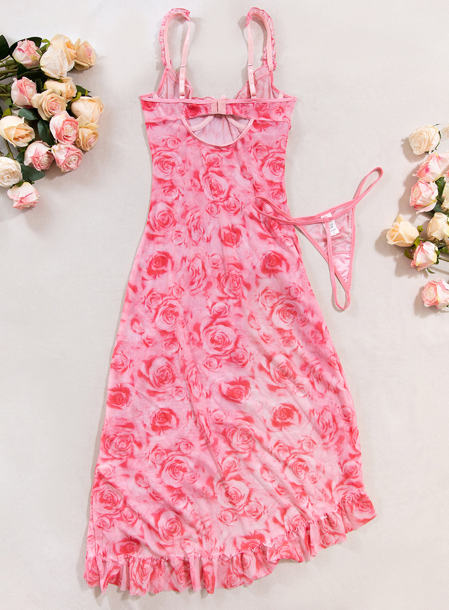 Pink Rose Flower High Slit Dress Set