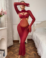 4 Pcs Red Sheer Mesh Lingerie Dress Sets