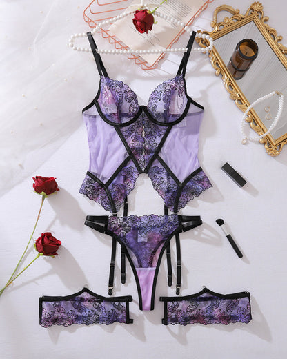 Romantic Purple Embroidered Lace Corset Sets