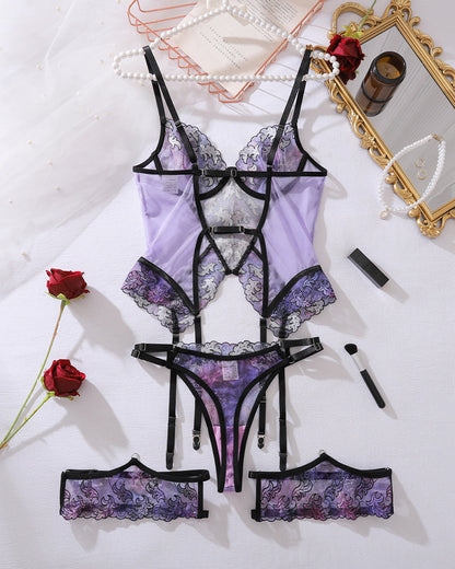 Romantic Purple Embroidered Lace Corset Sets