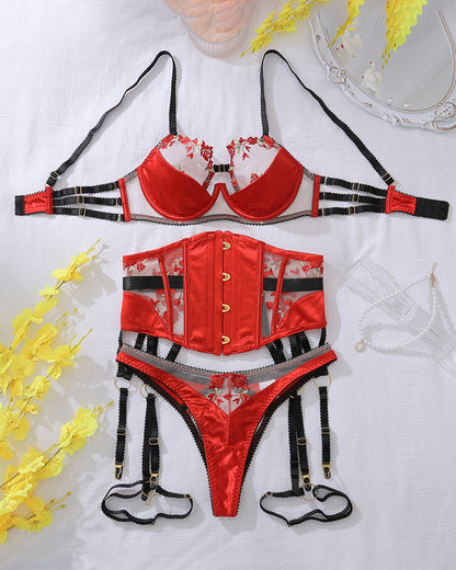 Rose Embroidered Corsets Lingerie Sets
