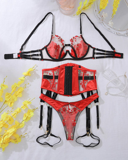 Rose Embroidered Corsets Lingerie Sets