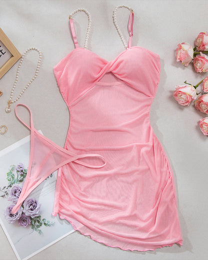 Pearl Strap Hollow Mesh Slip Dress