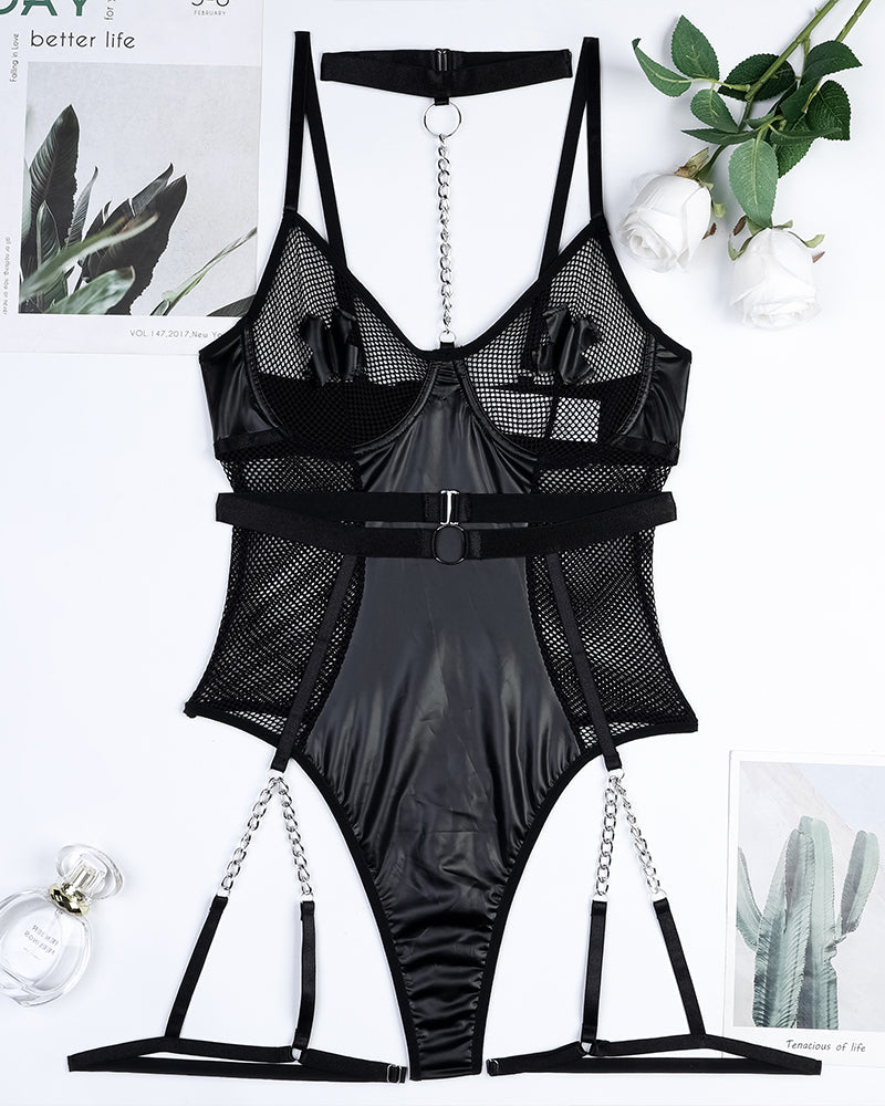 Metal Buckle Chain Leather Bodysuits