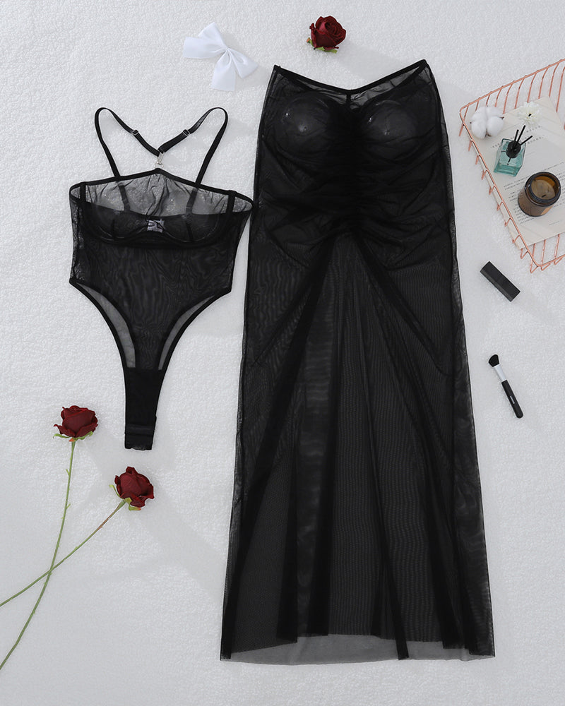 Sheer Mesh Bodysuits+Long Skirt Sets