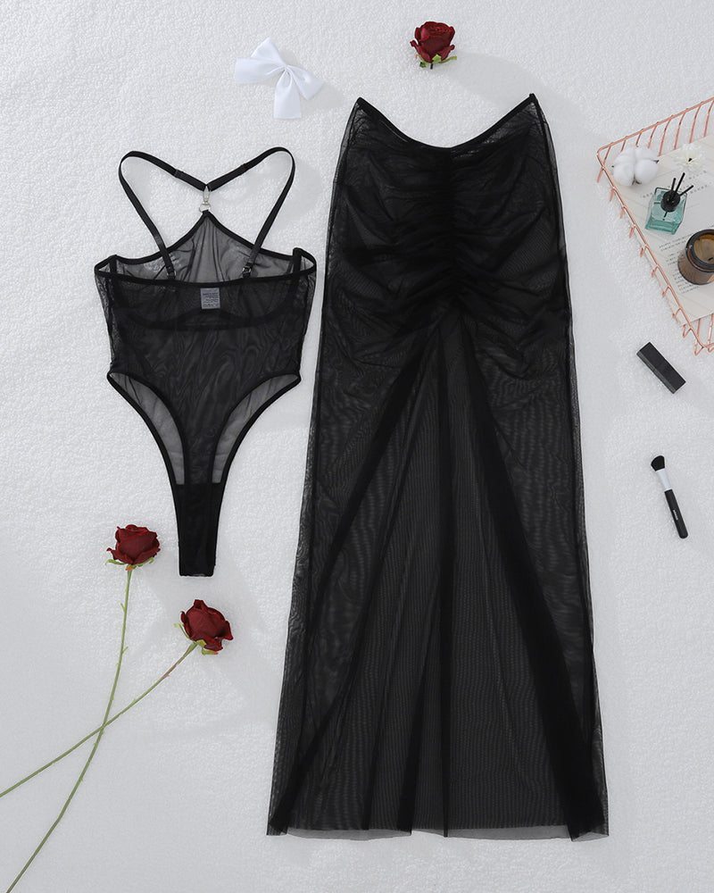 Sheer Mesh Bodysuits+Long Skirt Sets
