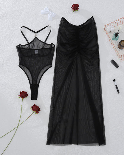 Sheer Mesh Bodysuits+Long Skirt Sets