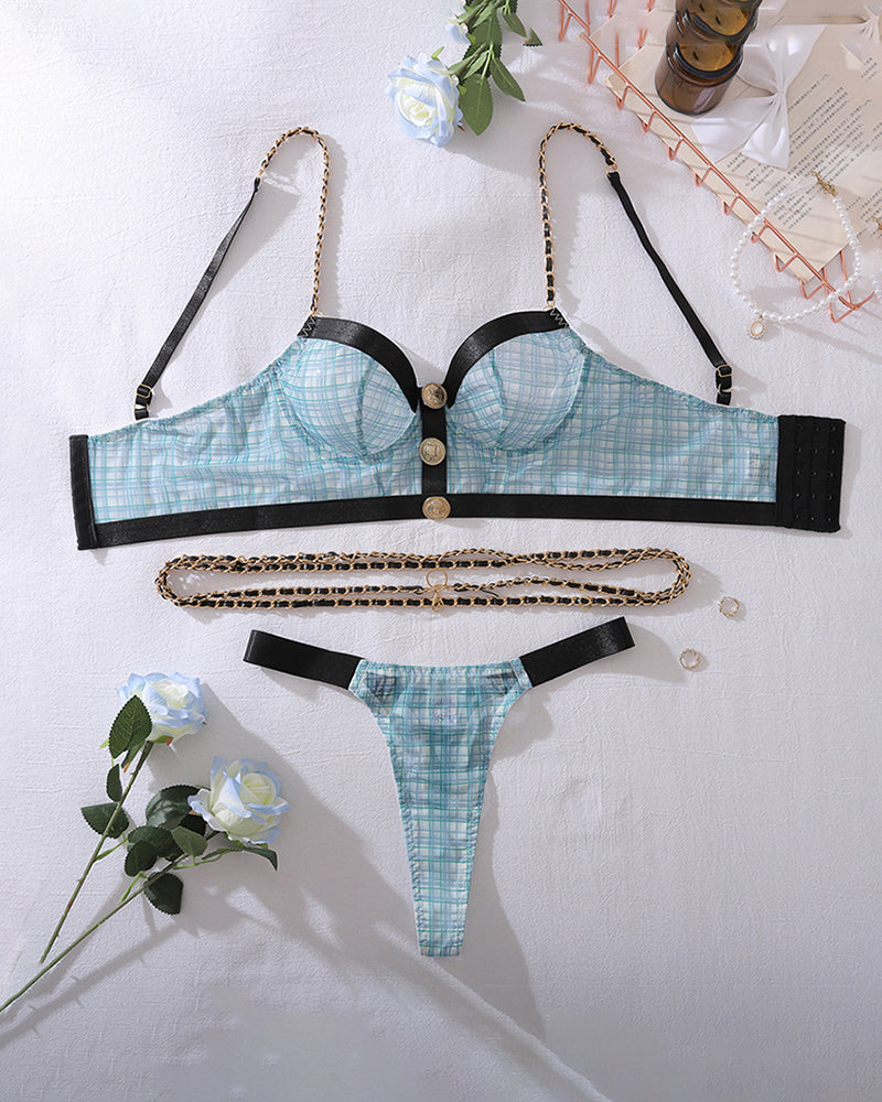 Plaid Lingerie Set with Waist Chain