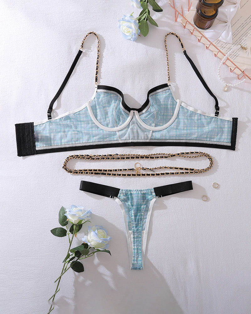 Plaid Lingerie Set with Waist Chain